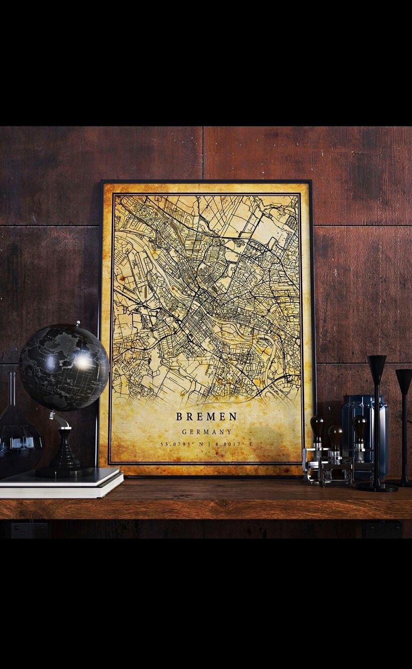 Vintage Bremen Germany City Map Print Framed Vertical Beige/Black Wall Art